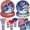 256Pcs 4th of July Decoration 250th Anniversary Patriotic American Flag Party Supplies-Serve 32 4th of July Disposable Paper Plates Cups Napkins Cutlery Forks Spoons Straws Red White Blue,Memorial Day